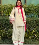 Women's off white cotton embroidered straight kurta set with pant and dupatta
