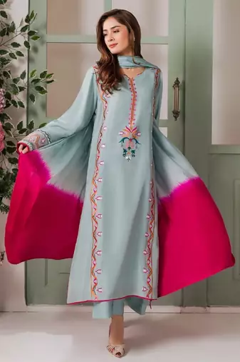Women's light blue crepe embroidered straight kurta set with pant and dupatta
