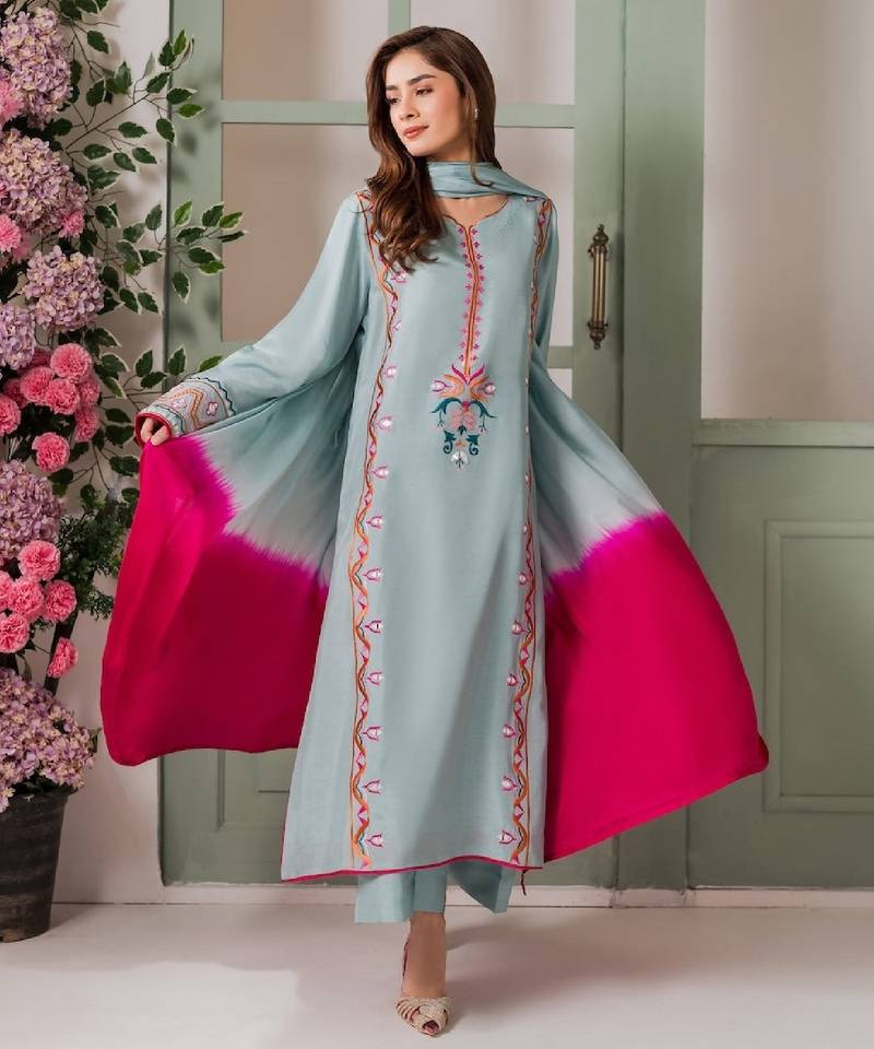 Women's light blue crepe embroidered straight kurta set with pant and dupatta