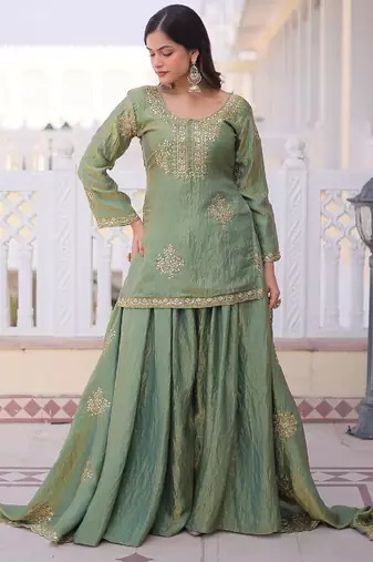 Women's light green silk blend embroidered kurta set with palazzo and dupatta