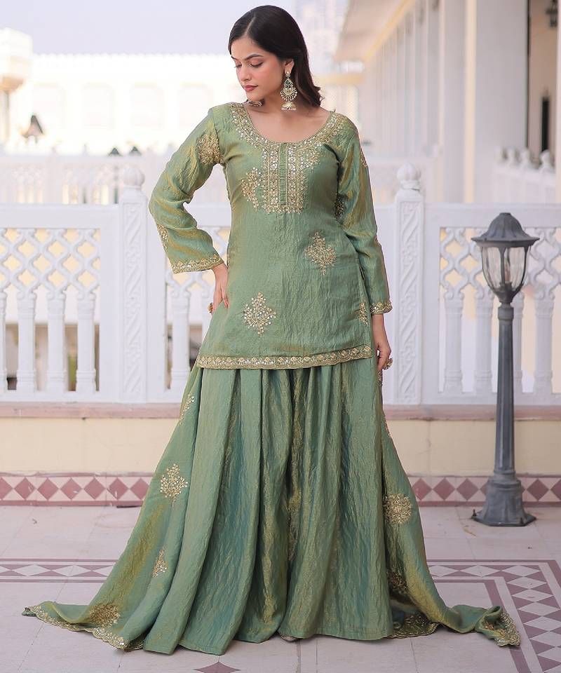Women's light green silk blend embroidered kurta set with palazzo and dupatta