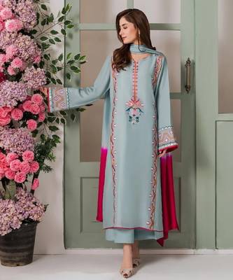 Women's light blue crepe embroidered straight kurta set with pant and dupatta 4