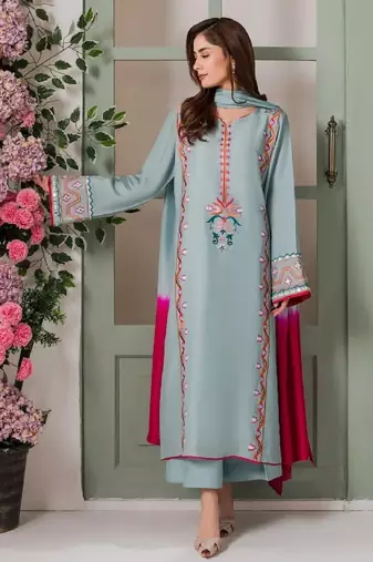 Women's light blue crepe embroidered straight kurta set with pant and dupatta