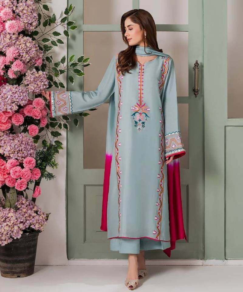 Women's light blue crepe embroidered straight kurta set with pant and dupatta