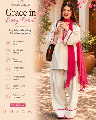 Women's off white cotton embroidered straight kurta set with pant and dupatta 2