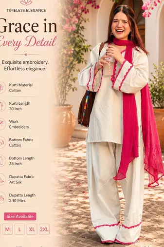 Women's off white cotton embroidered straight kurta set with pant and dupatta