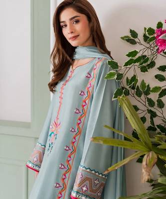 Women's light blue crepe embroidered straight kurta set with pant and dupatta 5