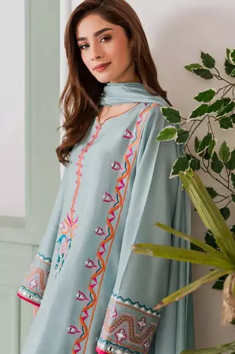 Women's light blue crepe embroidered straight kurta set with pant and dupatta