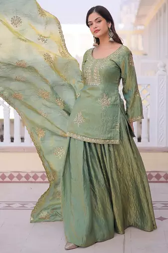 Women's light green silk blend embroidered kurta set with palazzo and dupatta
