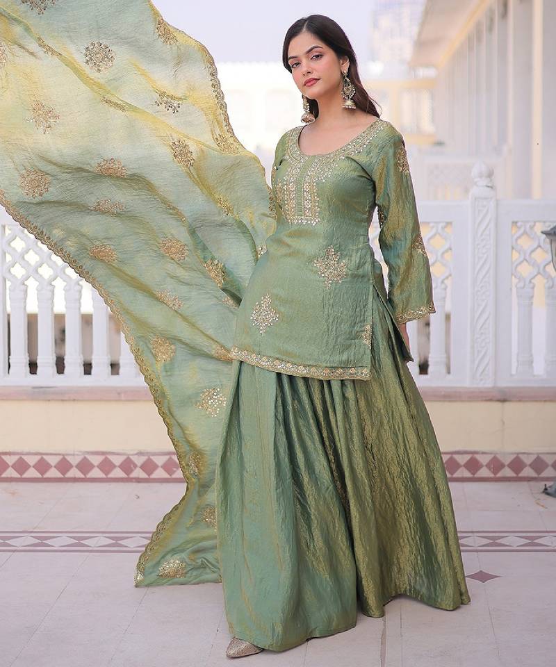 Women's light green silk blend embroidered kurta set with palazzo and dupatta