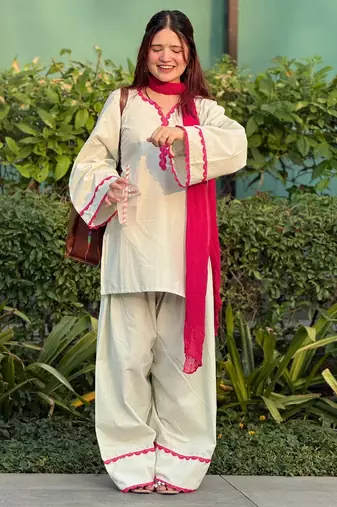 Women's off white cotton embroidered straight kurta set with pant and dupatta