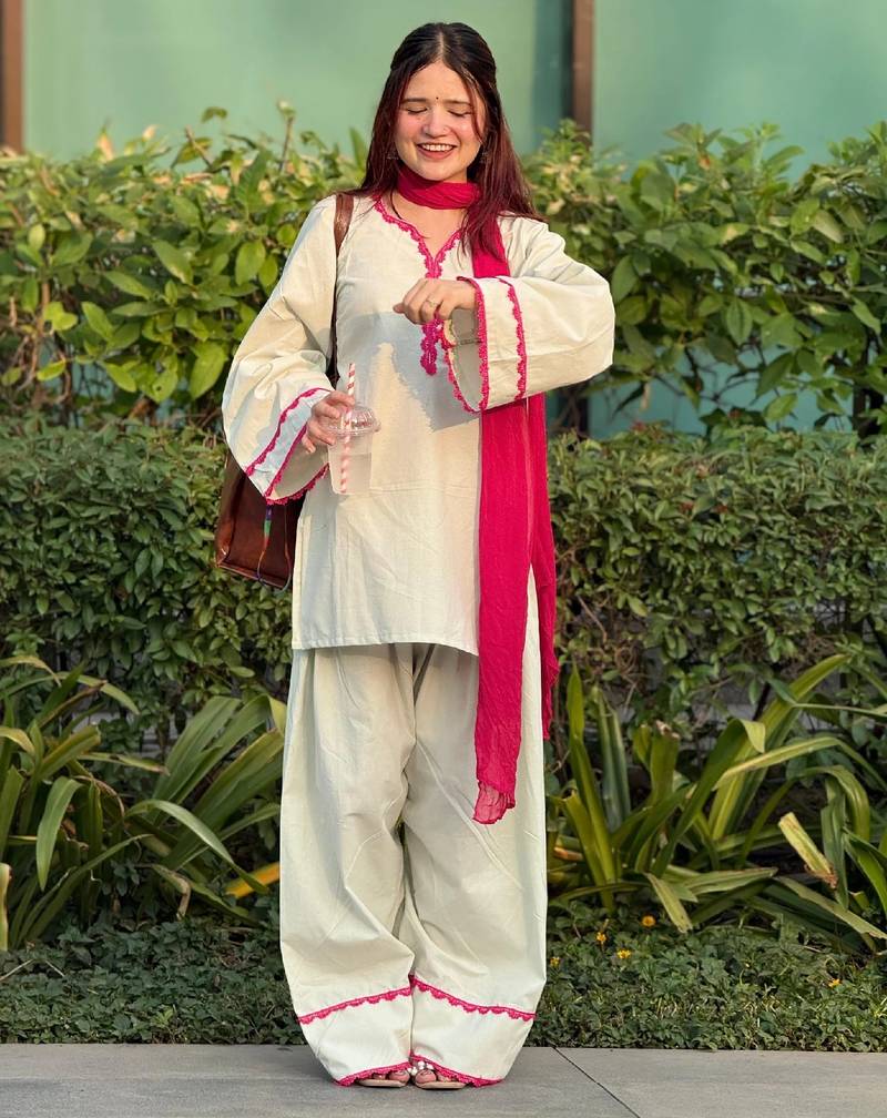 Women's off white cotton embroidered straight kurta set with pant and dupatta