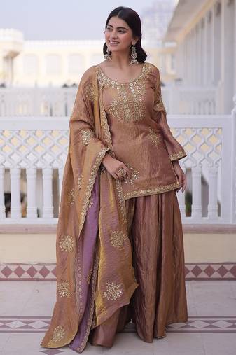 Women's peach silk blend embroidered kurta set with palazzo and dupatta