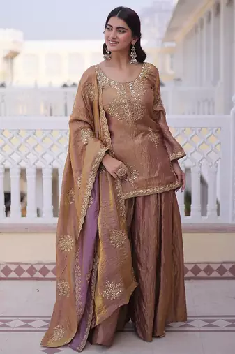 Women's peach silk blend embroidered kurta set with palazzo and dupatta