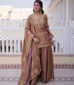 Women's peach silk blend embroidered kurta set with palazzo and dupatta