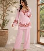 Women's pink georgette embroidered kurti set with pant