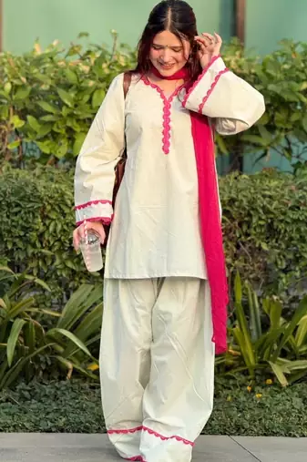 Women's off white cotton embroidered straight kurta set with pant and dupatta