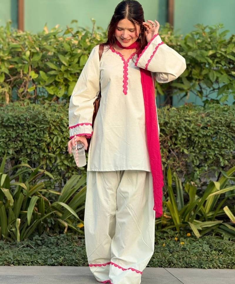 Women's off white cotton embroidered straight kurta set with pant and dupatta