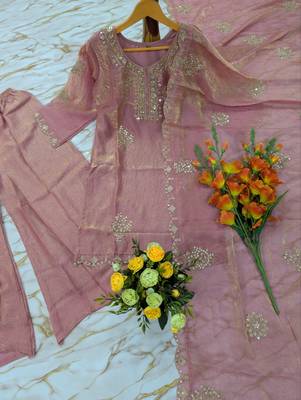 Women's peach silk blend embroidered kurta set with palazzo and dupatta 2