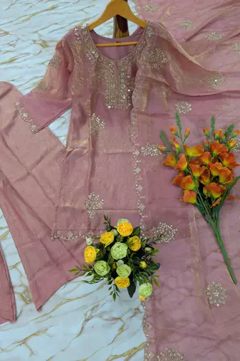 Women's peach silk blend embroidered kurta set with palazzo and dupatta