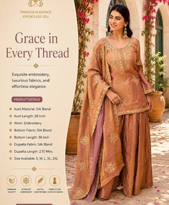 Women's peach silk blend embroidered kurta set with palazzo and dupatta 2
