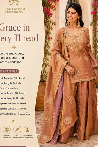 Women's peach silk blend embroidered kurta set with palazzo and dupatta
