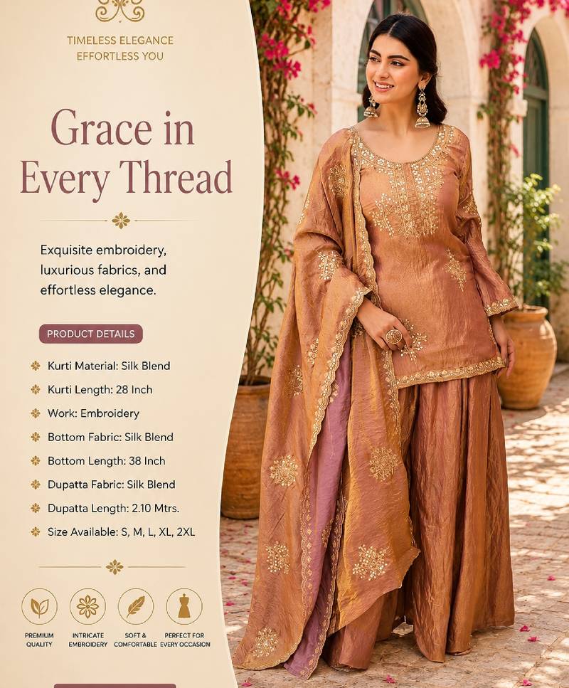Women's peach silk blend embroidered kurta set with palazzo and dupatta