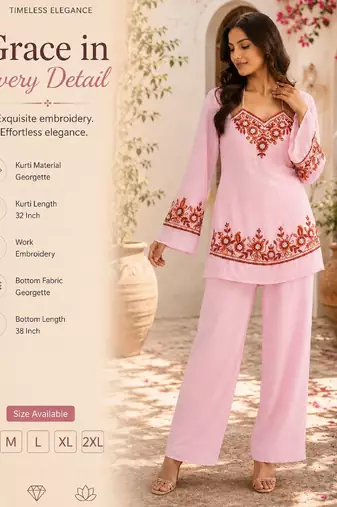 Women's pink georgette embroidered kurti set with pant