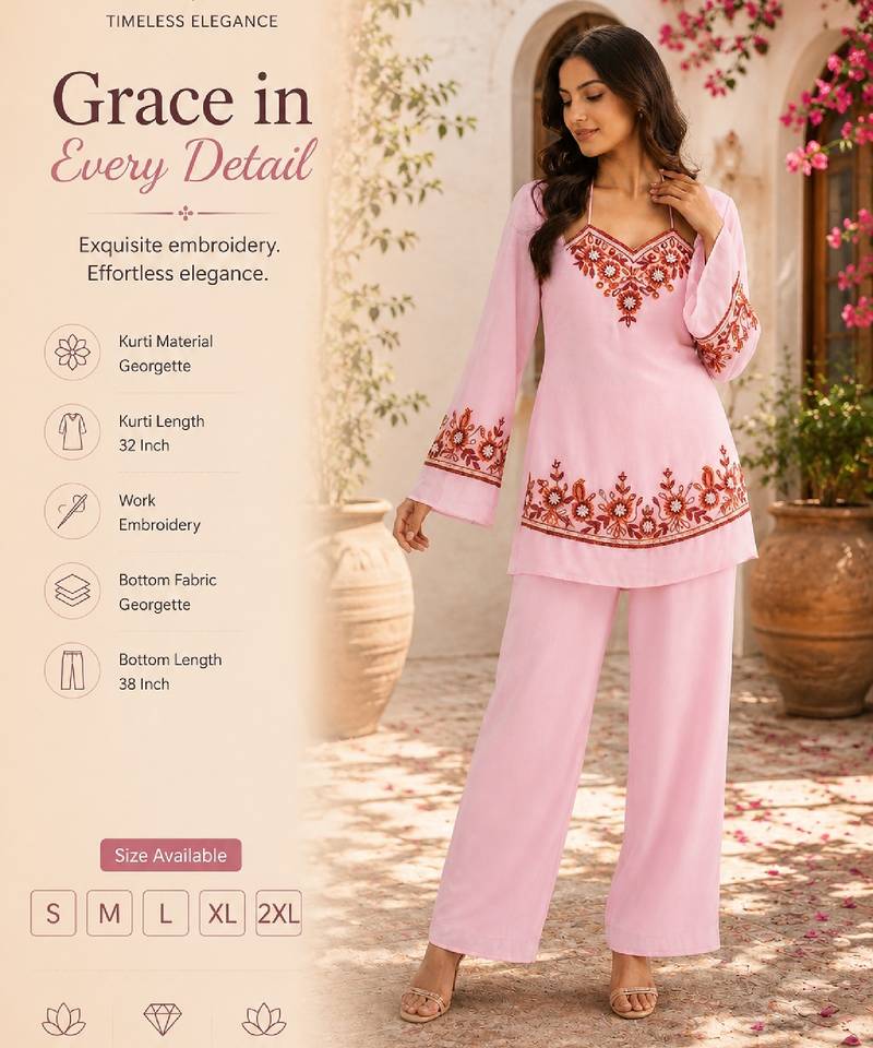 Women's pink georgette embroidered kurti set with pant