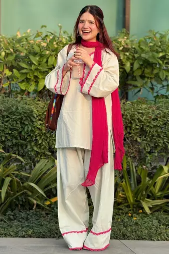 Women's off white cotton embroidered straight kurta set with pant and dupatta