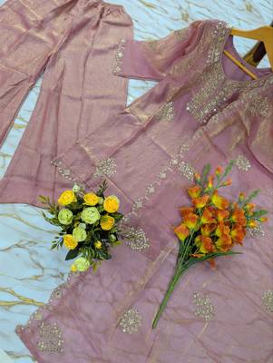 Women's peach silk blend embroidered kurta set with palazzo and dupatta 3