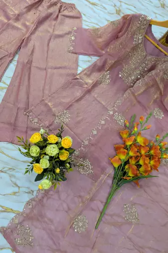 Women's peach silk blend embroidered kurta set with palazzo and dupatta