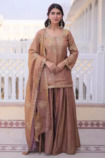 Women's peach silk blend embroidered kurta set with palazzo and dupatta