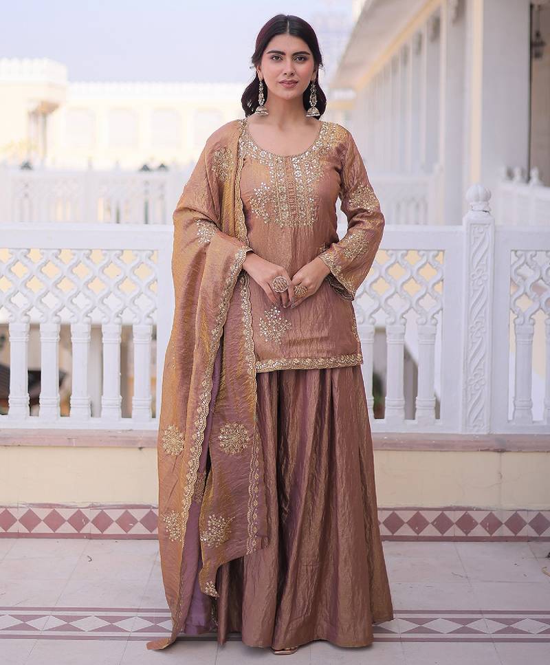 Women's peach silk blend embroidered kurta set with palazzo and dupatta