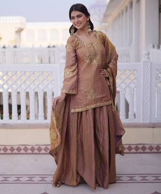 Women's peach silk blend embroidered kurta set with palazzo and dupatta 4