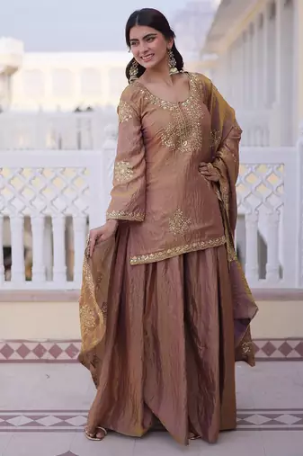 Women's peach silk blend embroidered kurta set with palazzo and dupatta