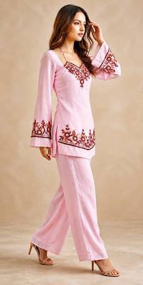Women's pink georgette embroidered kurti set with pant 4