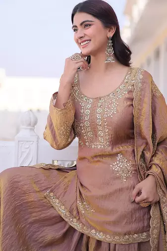 Women's peach silk blend embroidered kurta set with palazzo and dupatta