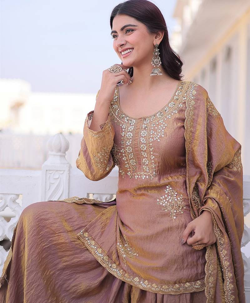 Women's peach silk blend embroidered kurta set with palazzo and dupatta