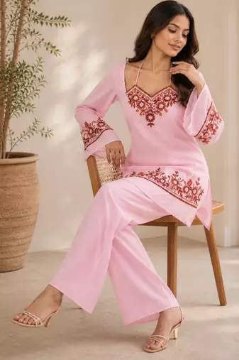 Women's pink georgette embroidered kurti set with pant