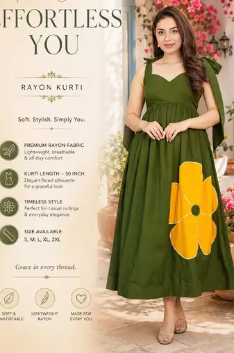 Women's dark green rayon patch worked kurta