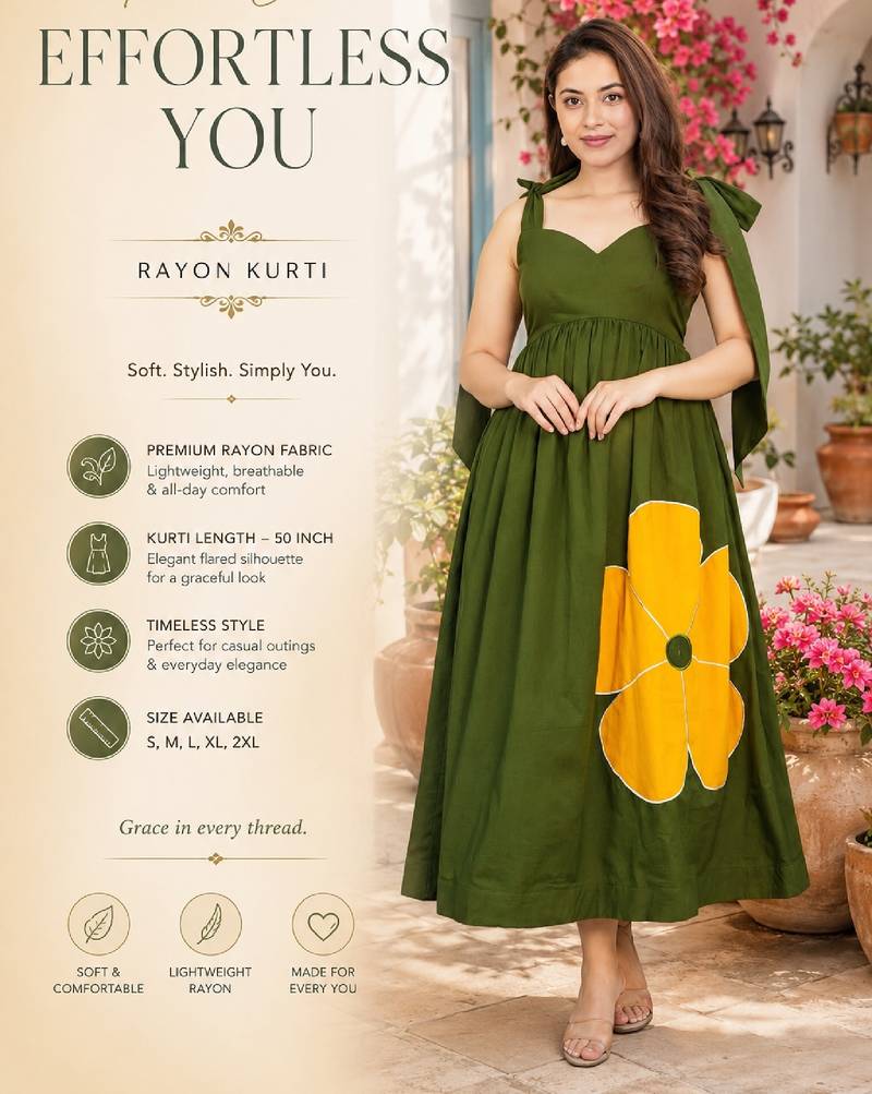 Women's dark green rayon patch worked kurta