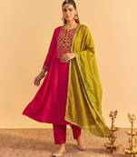 Women's pink silk blend embroidered straight kurta set with pant and dupatta
