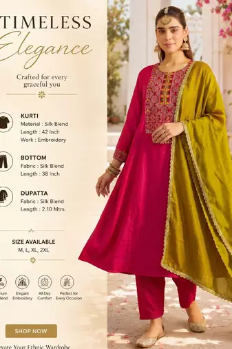 Women's pink silk blend embroidered straight kurta set with pant and dupatta