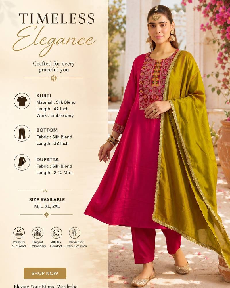 Women's pink silk blend embroidered straight kurta set with pant and dupatta