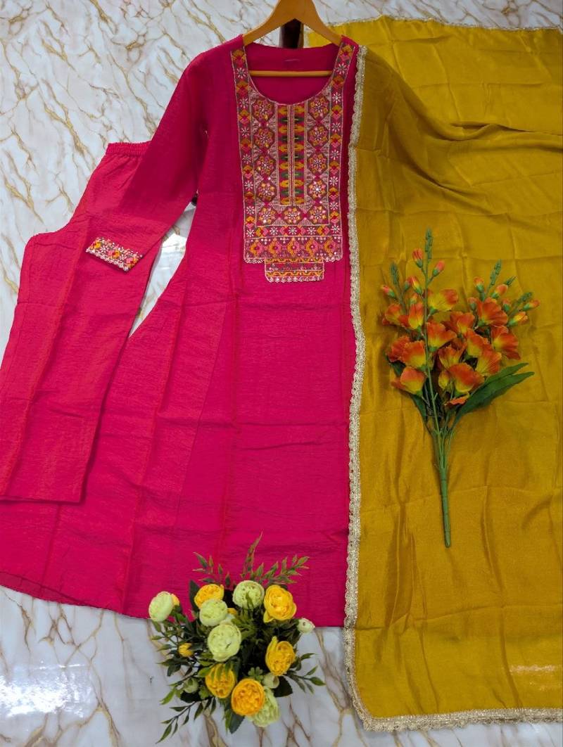 Women's pink silk blend embroidered straight kurta set with pant and dupatta