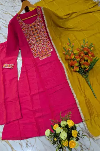 Women's pink silk blend embroidered straight kurta set with pant and dupatta
