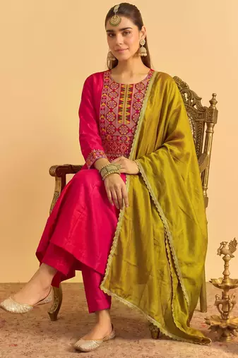 Women's pink silk blend embroidered straight kurta set with pant and dupatta