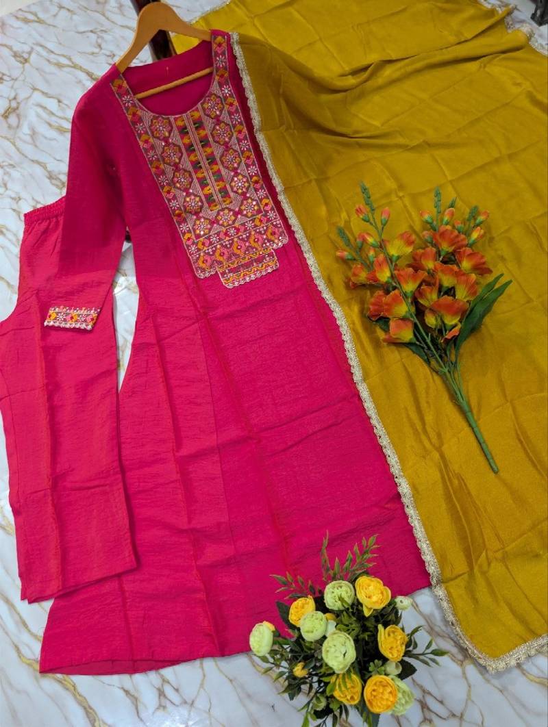 Women's pink silk blend embroidered straight kurta set with pant and dupatta