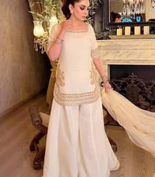 Women's off white chinon  embroidered kurti set with palazzo and dupatta